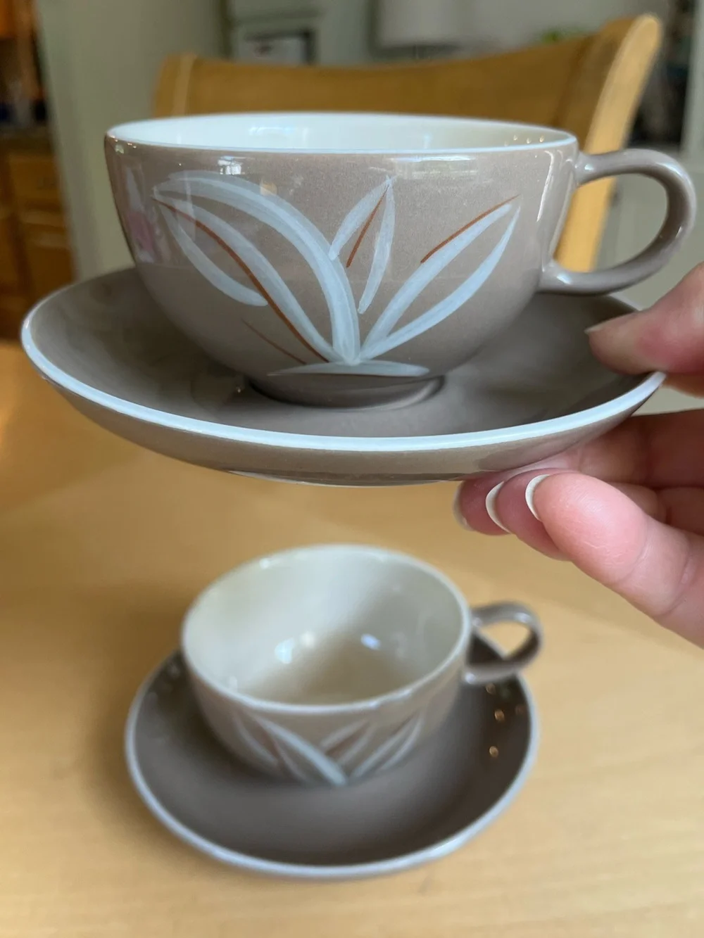 California Winfield Handcrafted Tea Cups and Saucers White Leaf Motif Set of 2